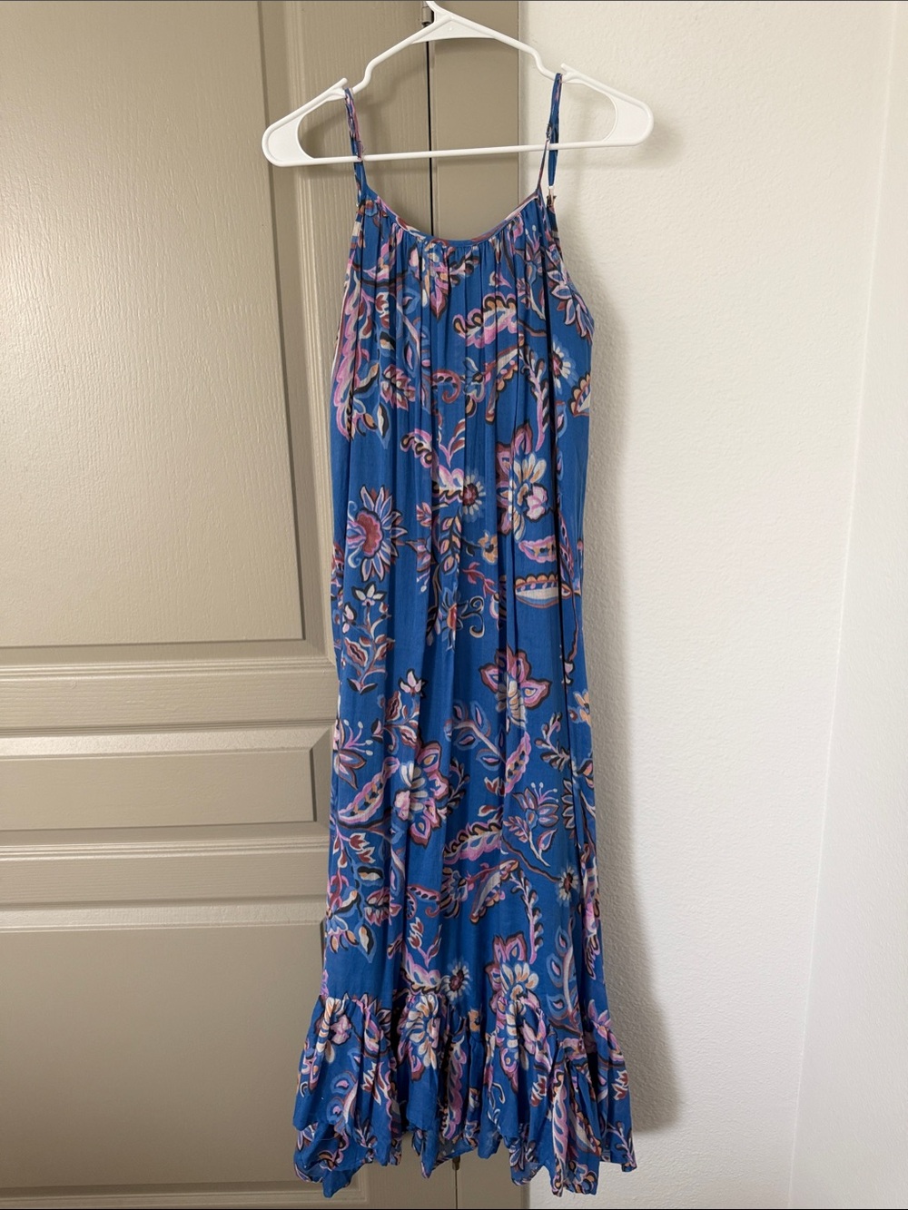 Blue Floral Maxi Sundress with Ruffle Hem